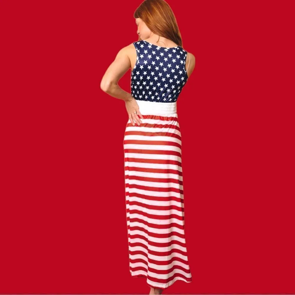 Kivenst high fashion patriotic flag inspired long sleeveless dress!! Red Size L - Image 4