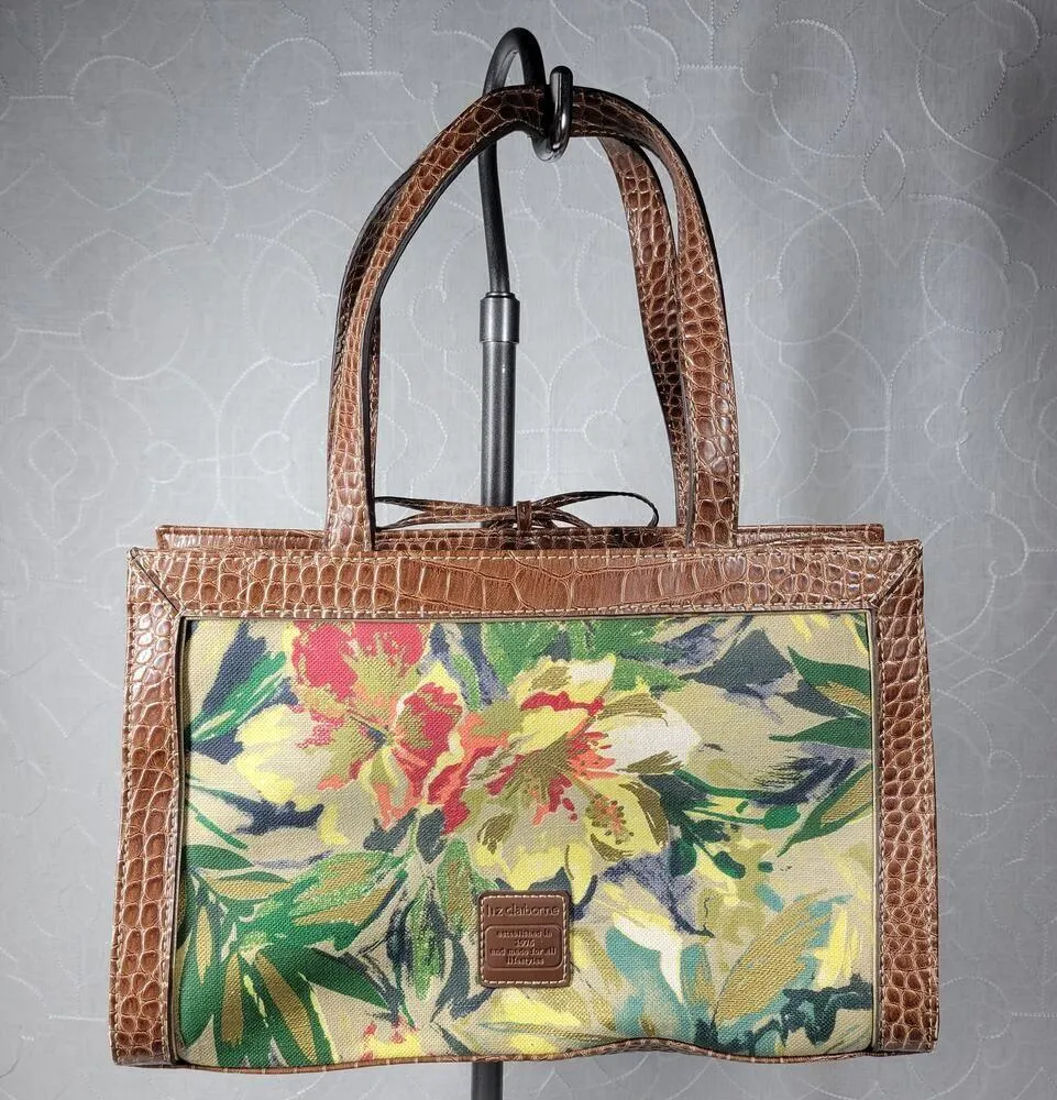 Liz Claiborne Satchel Bag Med Floral Cotton Faux Leather Embossed Alligator - Image 13