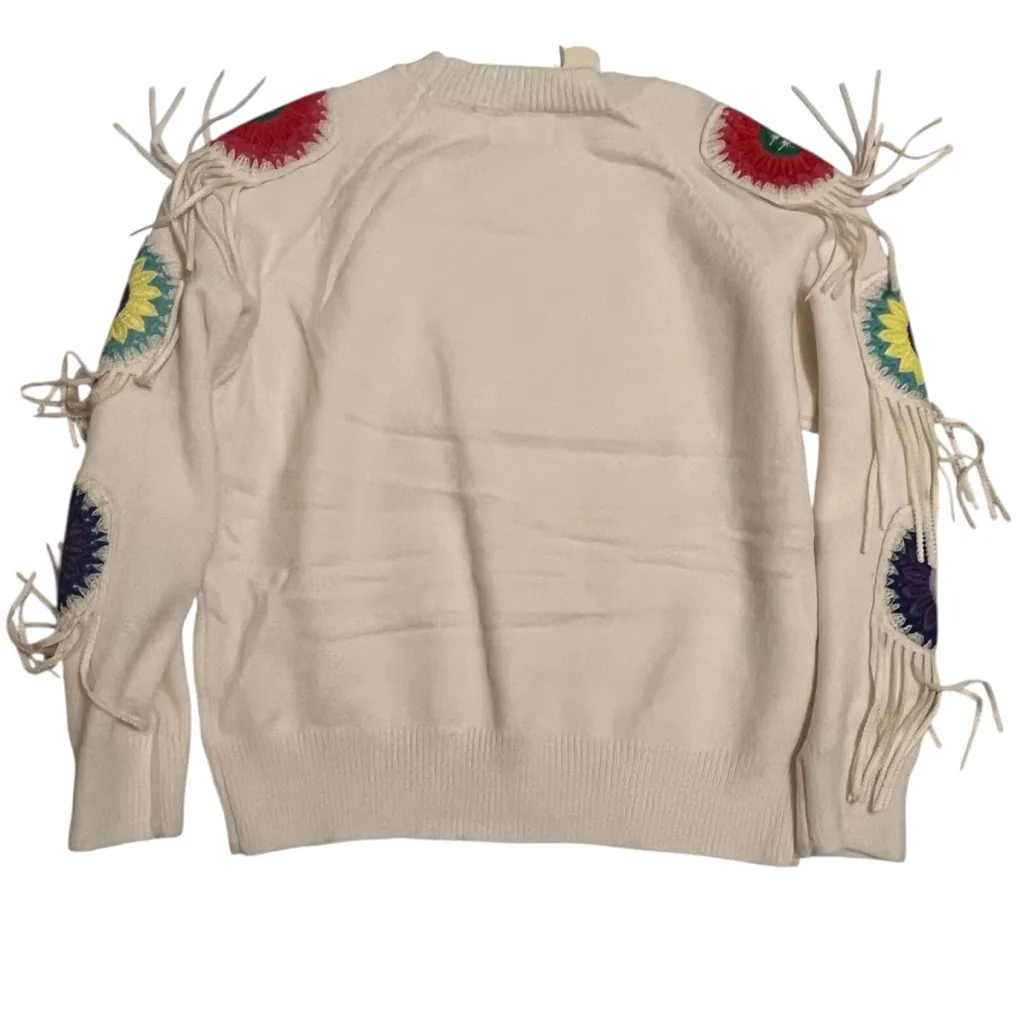 Easy Clothes Cream Embroidered Color Patchwork Fringe Knit Sweater Small Medium Pink - Image 4