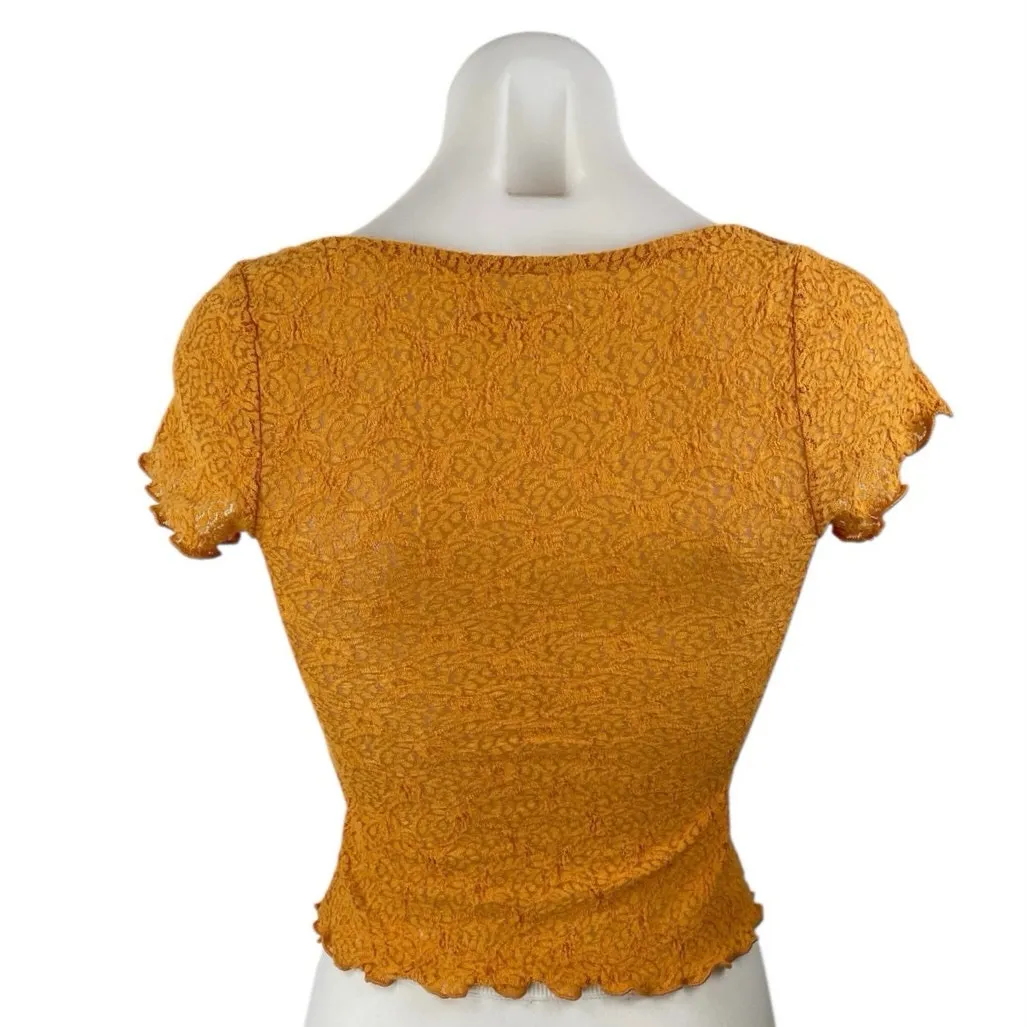 Urban Outfitters Quinn Lace Coral Lettuce Tie Scoop Short Sleeve Crop Top Sz XS - Image 2