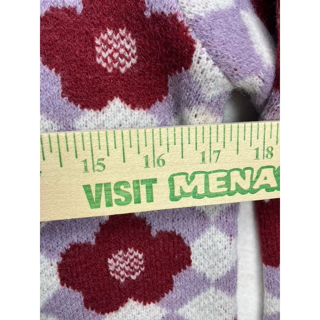 Lulus Floral Checkerboard Sweater Long Sleeve Crewneck Ivory Lilac M New - Image 7