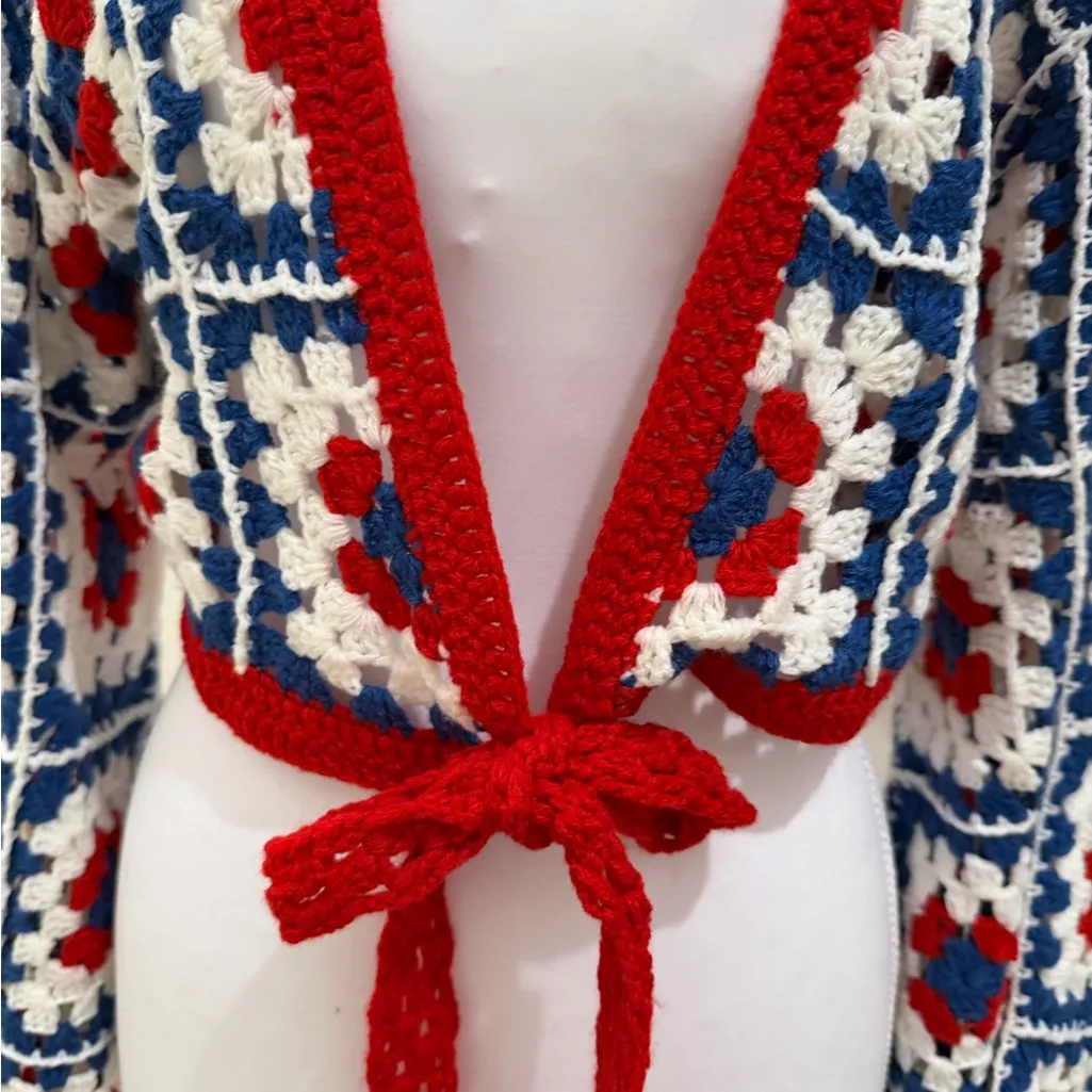 Francesca's Collections Red, Blue, and White Crochet Cardigan Red Size M - Image 2