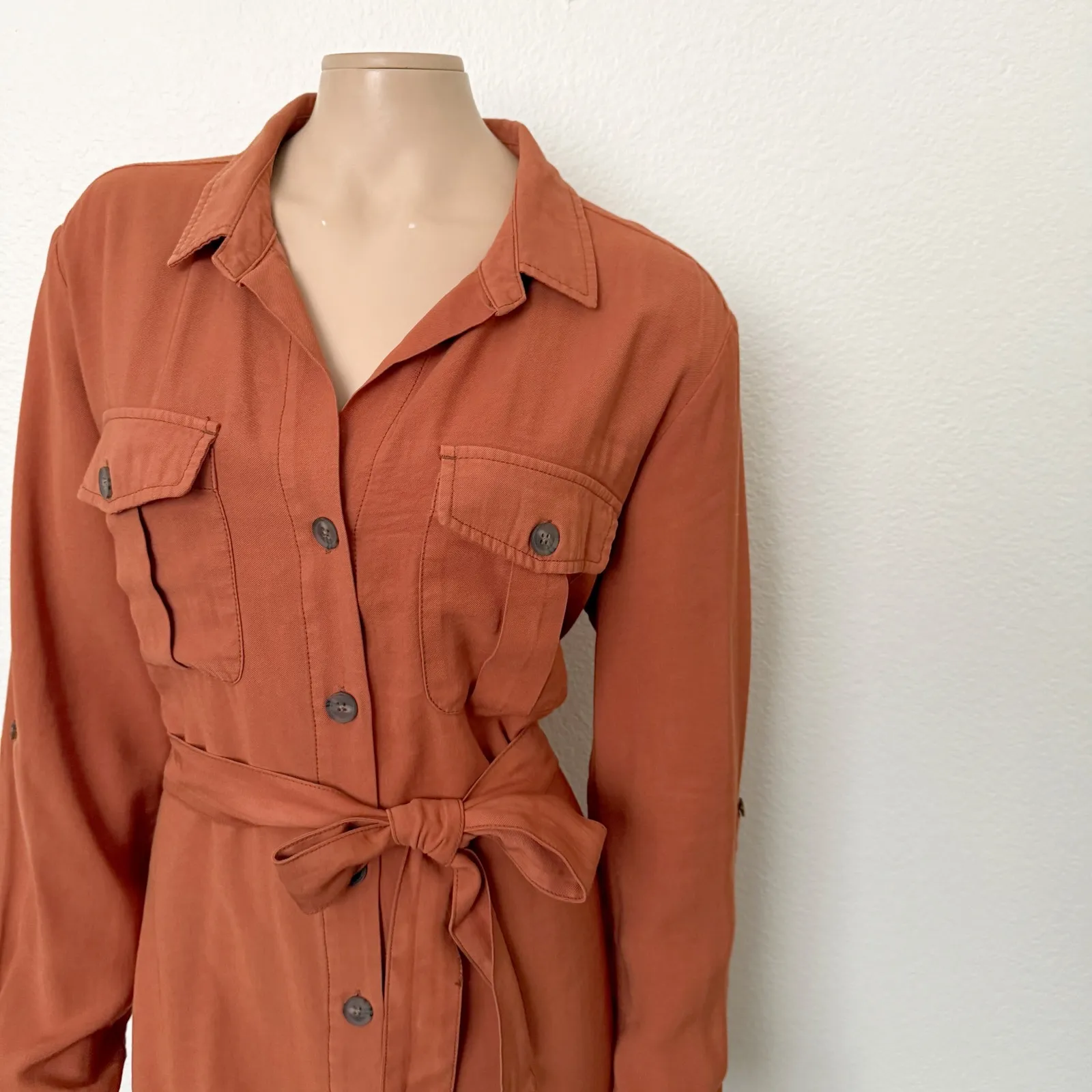 [Cotton Club] Burnt Orange Copper Button Down Safari Shirtdress Midi NWT Sz XXL - Image 5