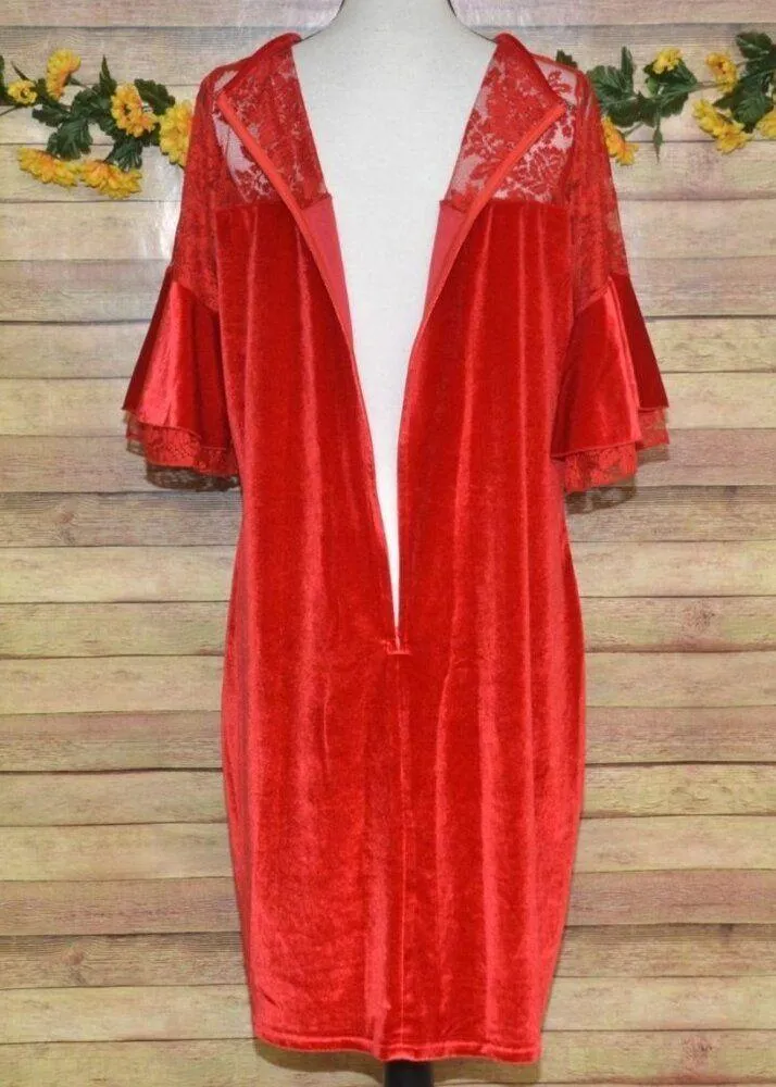 C.O.C. Red Velvet Midi Sheath Dress Plus Size 3X Floral Lace Short Bell Sleeve - Image 8