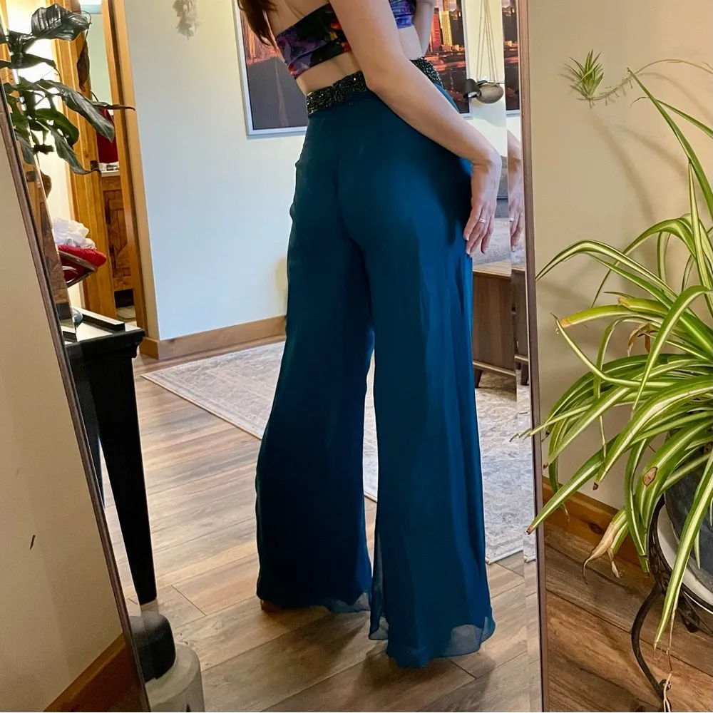 Cassandra Stone Vintage 100% Silk Teal Chiffon Wide Leg Pants with Beaded Waist Blue Size 6 - Image 6