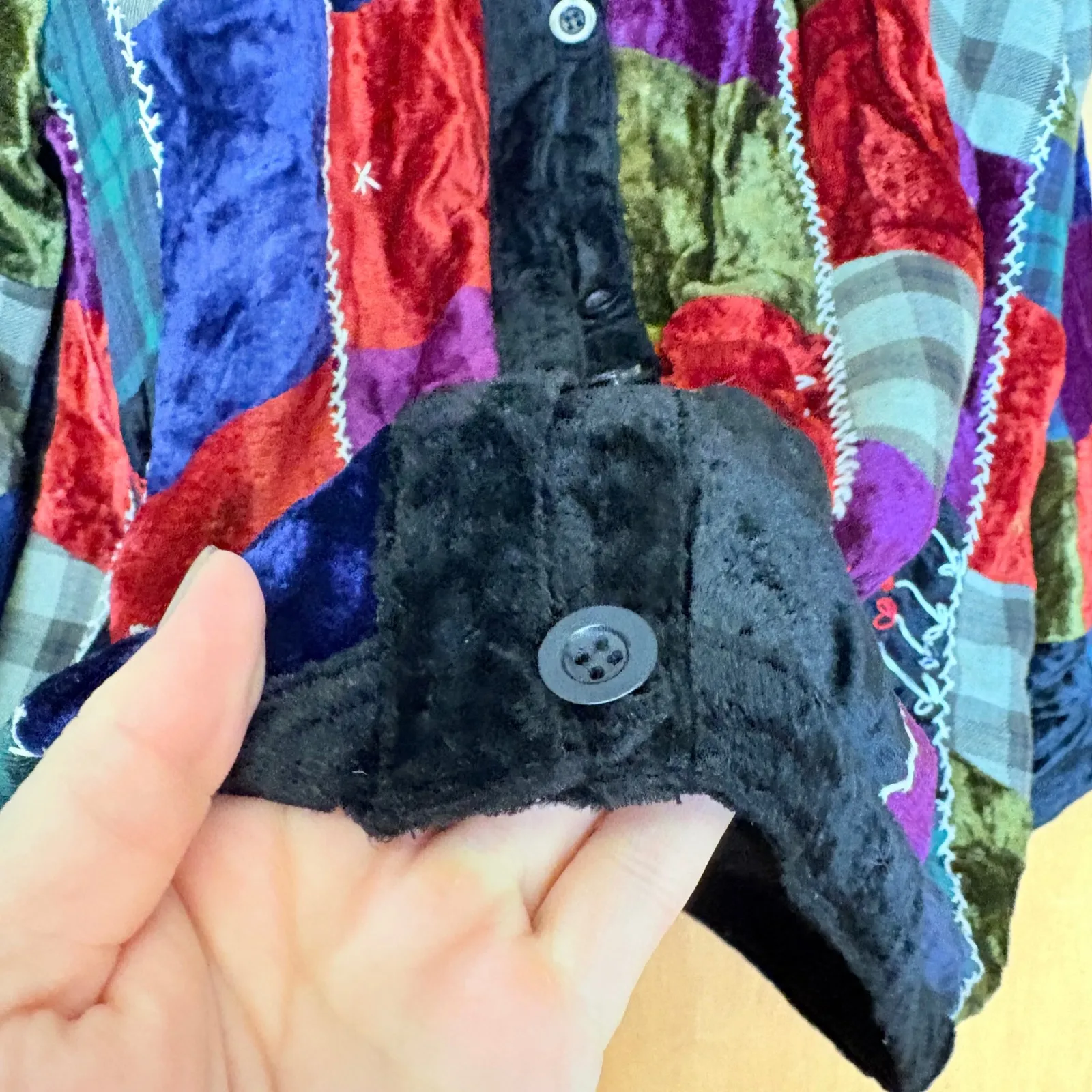 Bedford Fair Patchwork Velvet Plaid Button Down Jacket Women's L Colorful Black Size L - Image 3