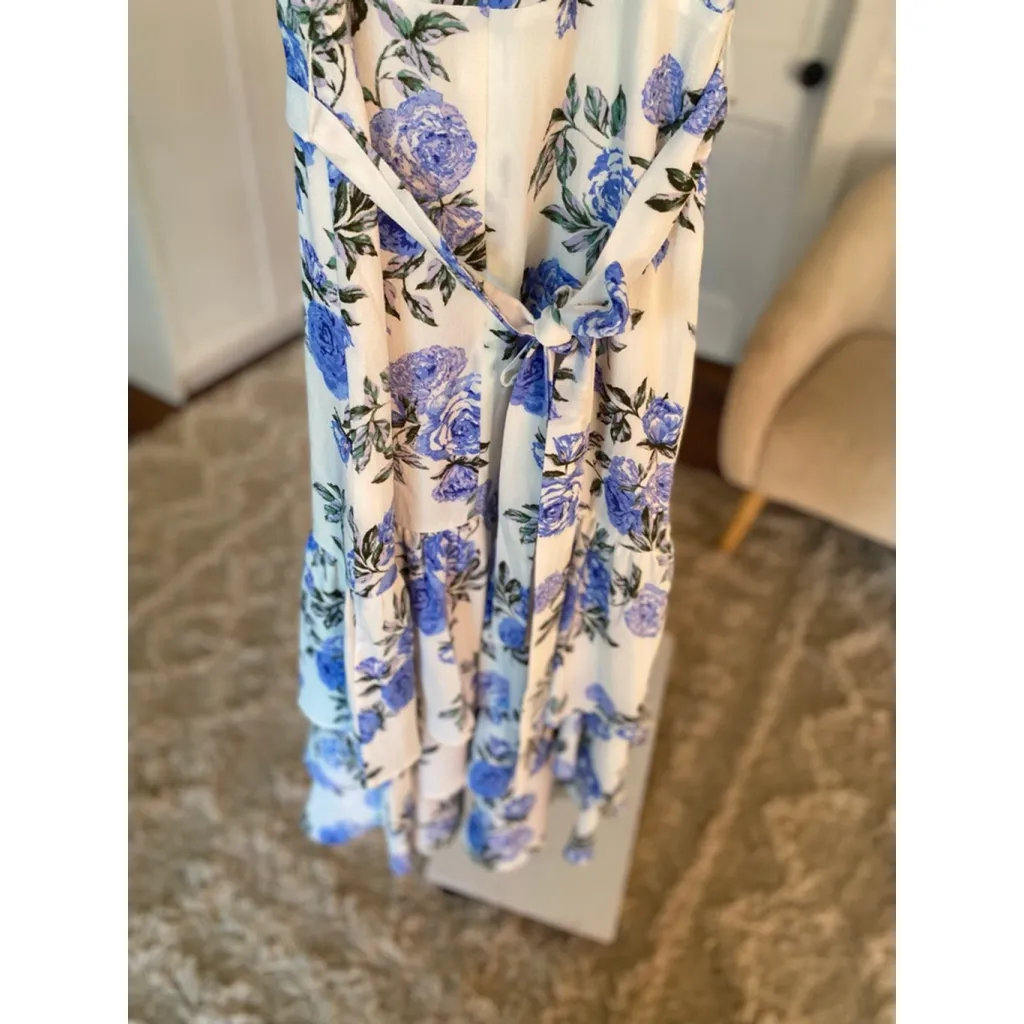 Blue Floral Ruffle Strap Midi Dress Clean Girl Vineyard Romance Quiet Luxury XS - Image 5