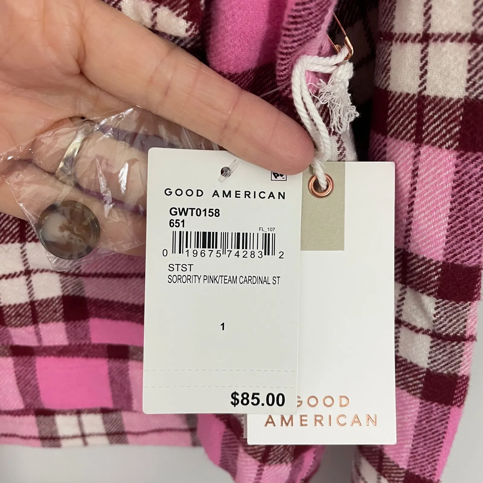 NWT Good American Pink Plaid Cropped Shacket Size 1 Small Button Front Flannel - Image 6