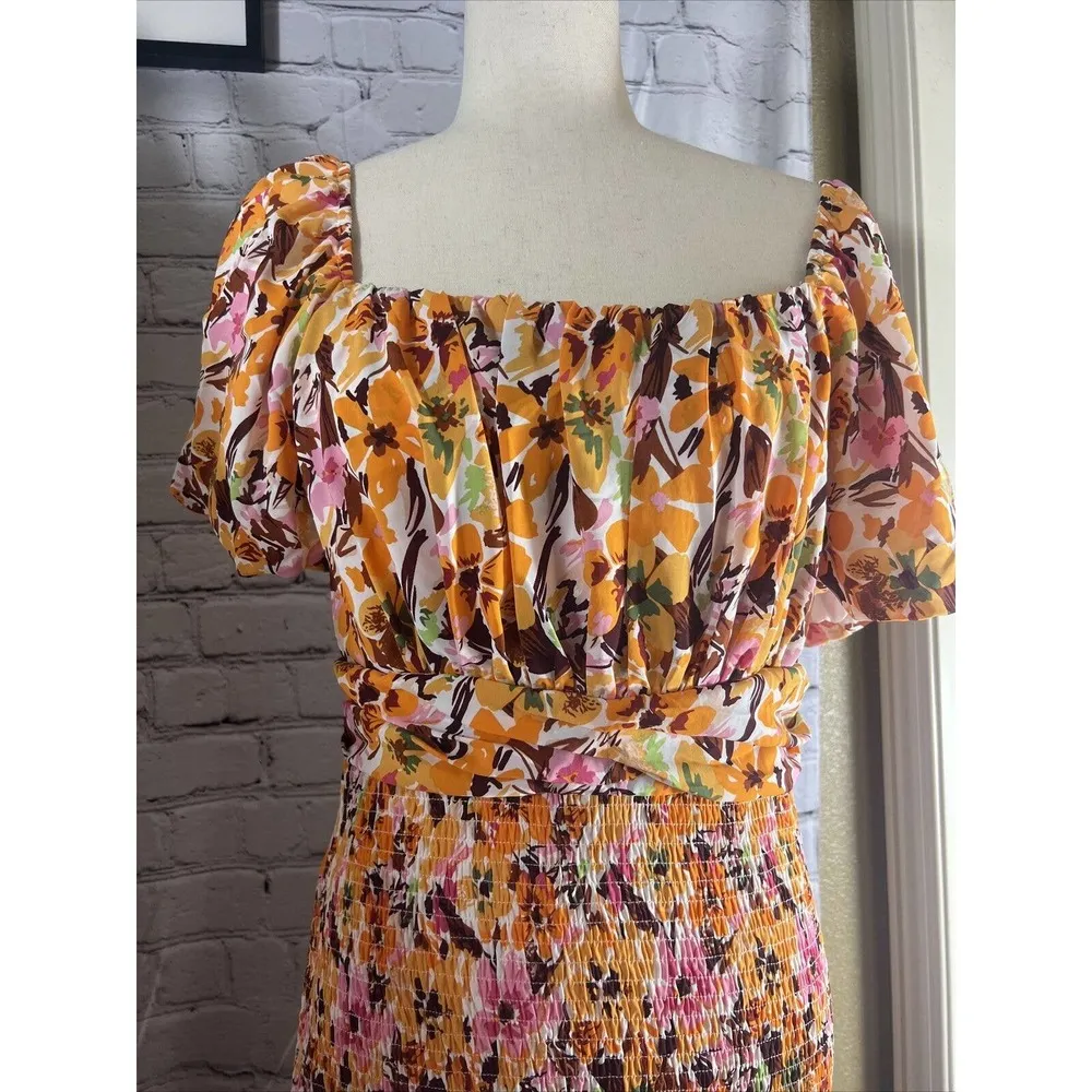 Fashion Smocked Bottom Tie Back Floral Knee Length Dress Women’s L NWT Orange Size L - Image 5