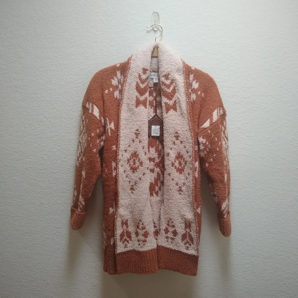 Knox Rose Geometric Print Open Front Cardigan in Brown - Image 3