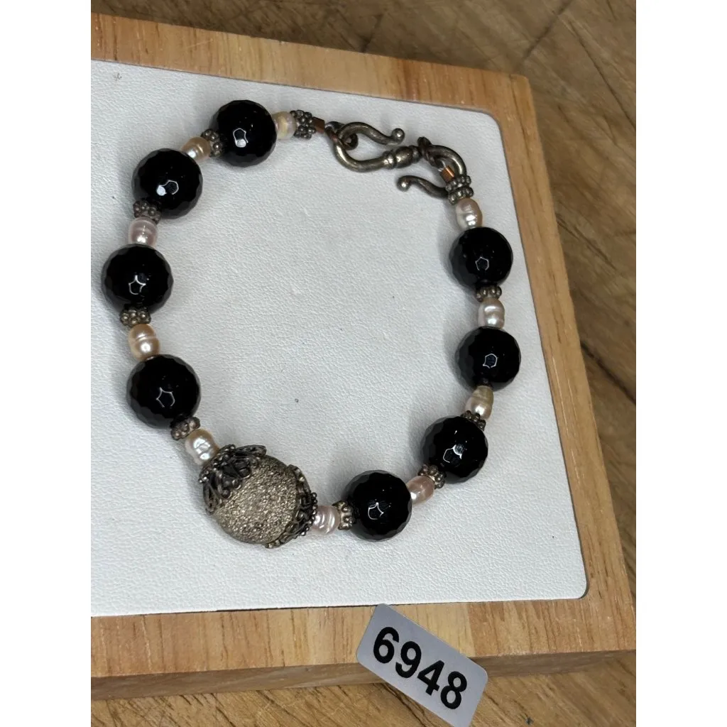 Handcrafted Black Beaded Bracelet With Pearl Accents & Silver-Tone Clasp - Image 6