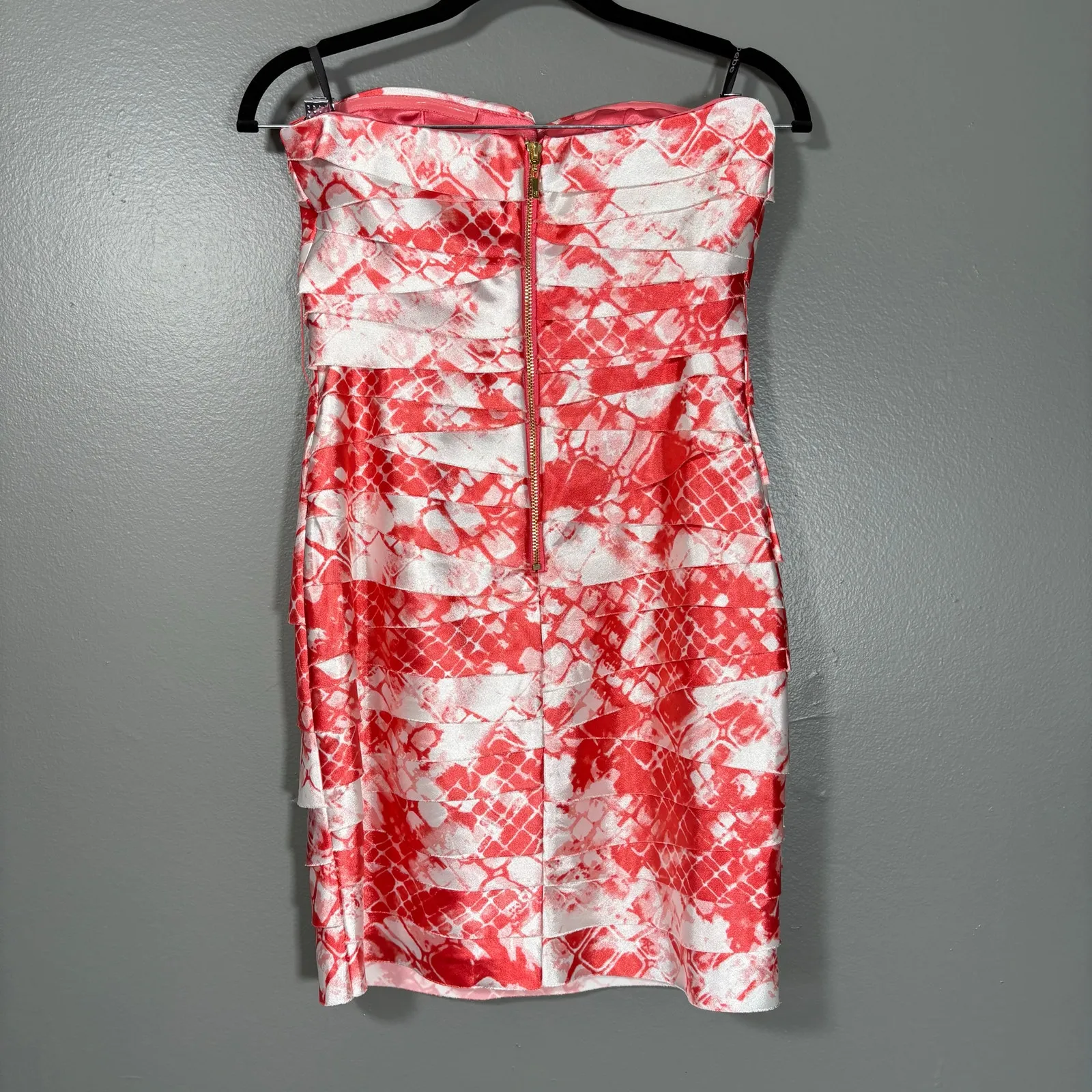 Bebe Y2K Red & White Patterned Tattered Ruffle Strapless Bodycon Dress - Small - Image 7