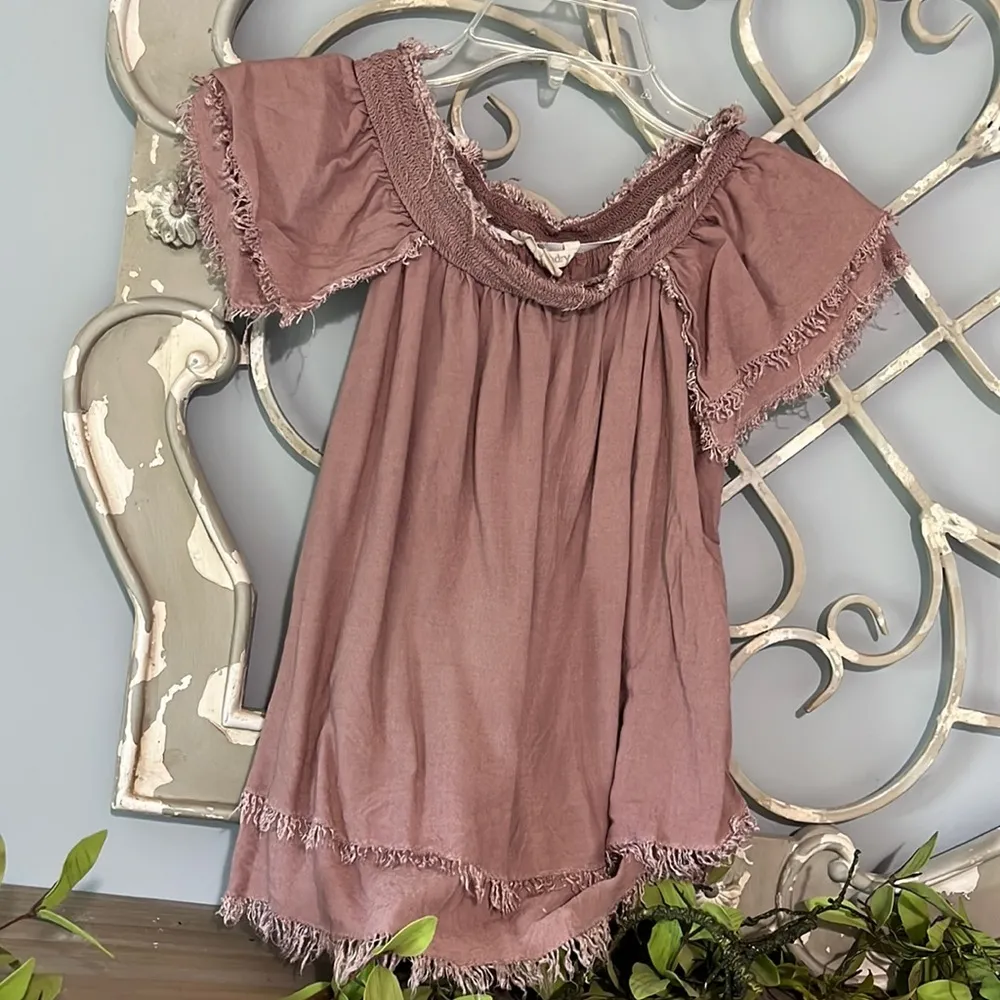 Hippie Laundry Mauve Peasant Boho Top M Women Crop Smocked Fringe Off Shouly - Image 4