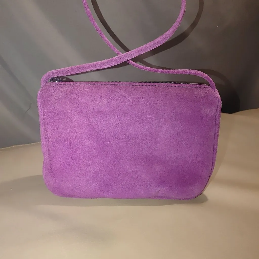 Crossbody Bag Purple Leather Purse Suede Zipper YKK Closure Vintage Compact - Image 3
