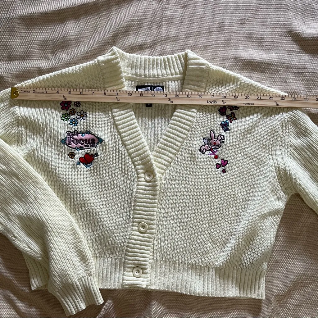 Chunky Knit Cropped Cardigan Sz L Happy Bunny Oversized Y2K Indie Sleeze Kidcore - Image 9