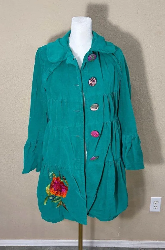 Whimsical vibrant green Judith March coat Measure Like Small Satin lined Boho - Image 1