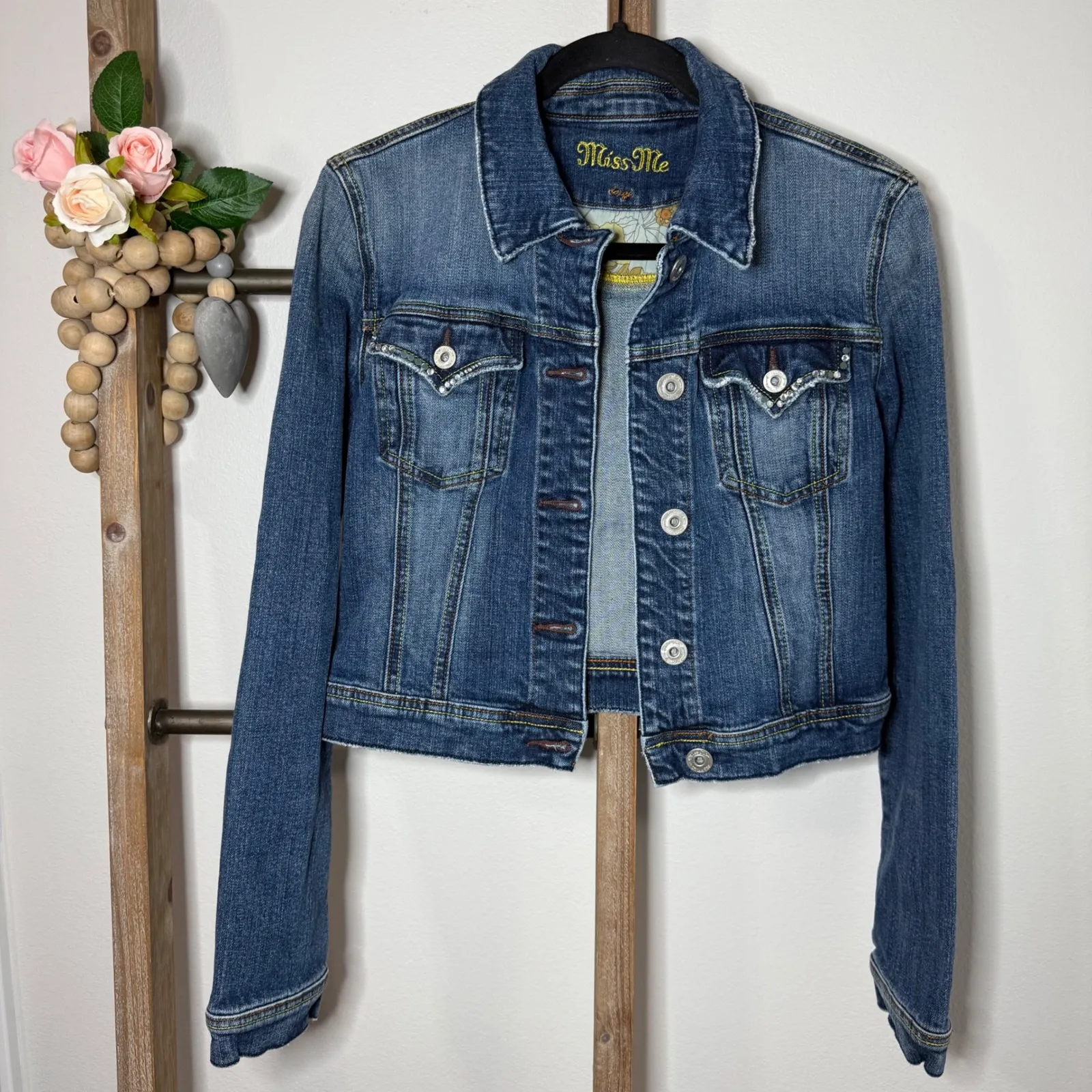 Miss Me Denim Jacket Embellished Rhinestone Cross Rock Cropped Blue Size Large - Image 2