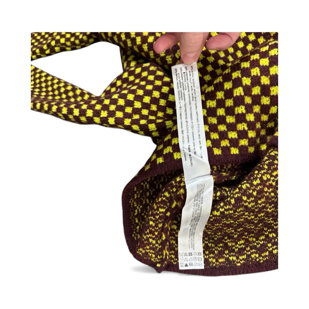 ZARA Checkerboard Keyhole Knit Sweater Yellow Brown S 90s Y2K Neon Grunge Skater - Image 6