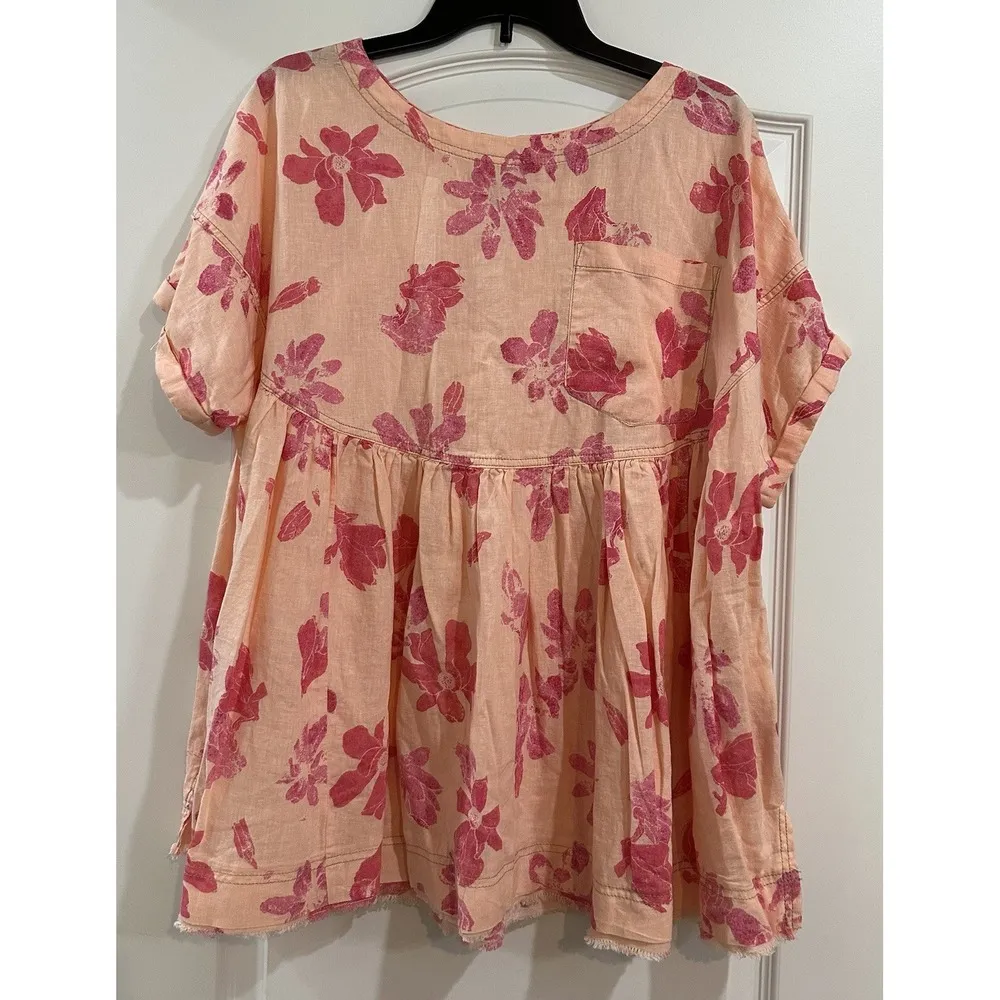 Free People Women's Small Floral Linen Top Peach Combo NWT $98 Pockets - Image 2