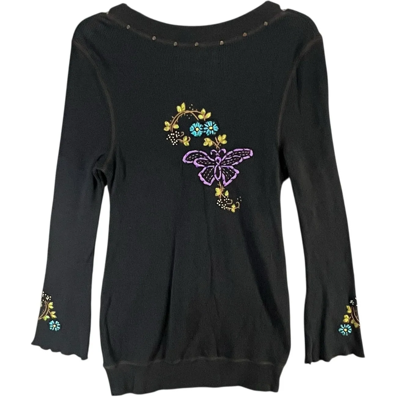 Soul Revival Y2K Waffle Knit Tee Large Black Floral Butterfly Embroidered Boho - Image 7
