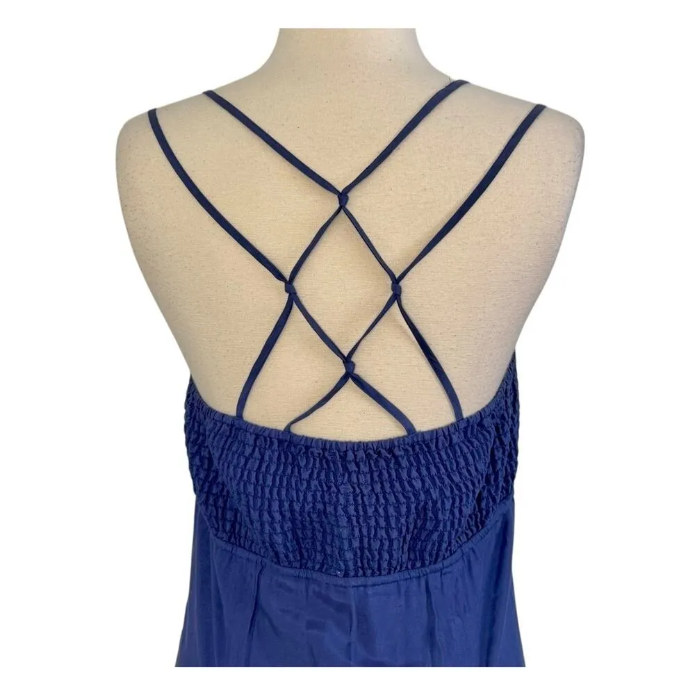 Vintage FREE PEOPLE Midi Dress Strappy Smocked Lace Eyelet Ruffled Navy Blue 10 - Image 8