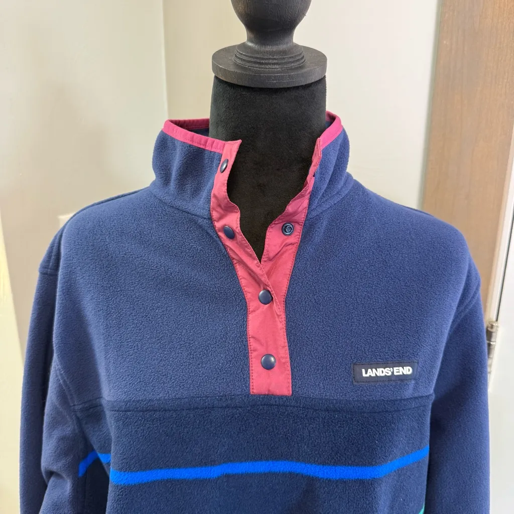 Lands' End Heritage Fleece Quarter Snap Pullover Sweatshirt Navy Rainbow Stripe - Image 2