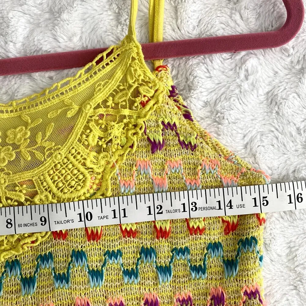 Free People Yellow Colorful Crochet Lace Heartbreak Rochelle Boho Tank Top S - Image 6