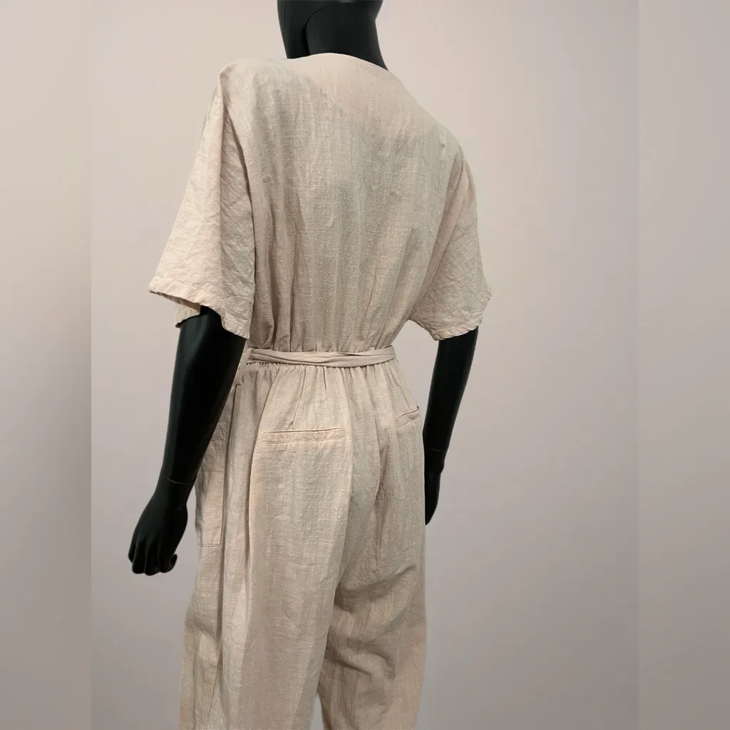 Merci Button Front Coverall Sz L 100% Cotton Elastic‎ Waist Minimalist Coral Orange Size L - Image 4