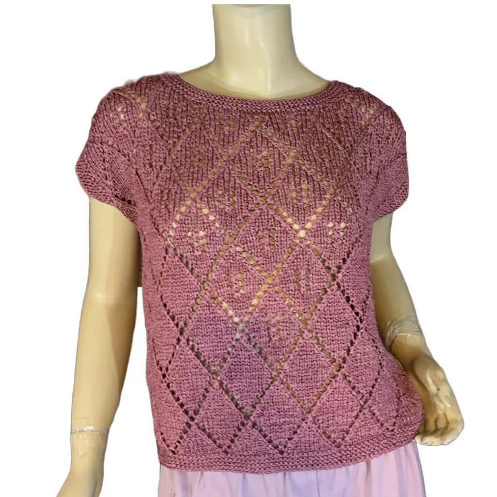 VINTAGE 1980'S PURPLE NYLON CAP SLEEVE LOOSE KNIT PULL OVER SWEATER (M) Size M - Image 2