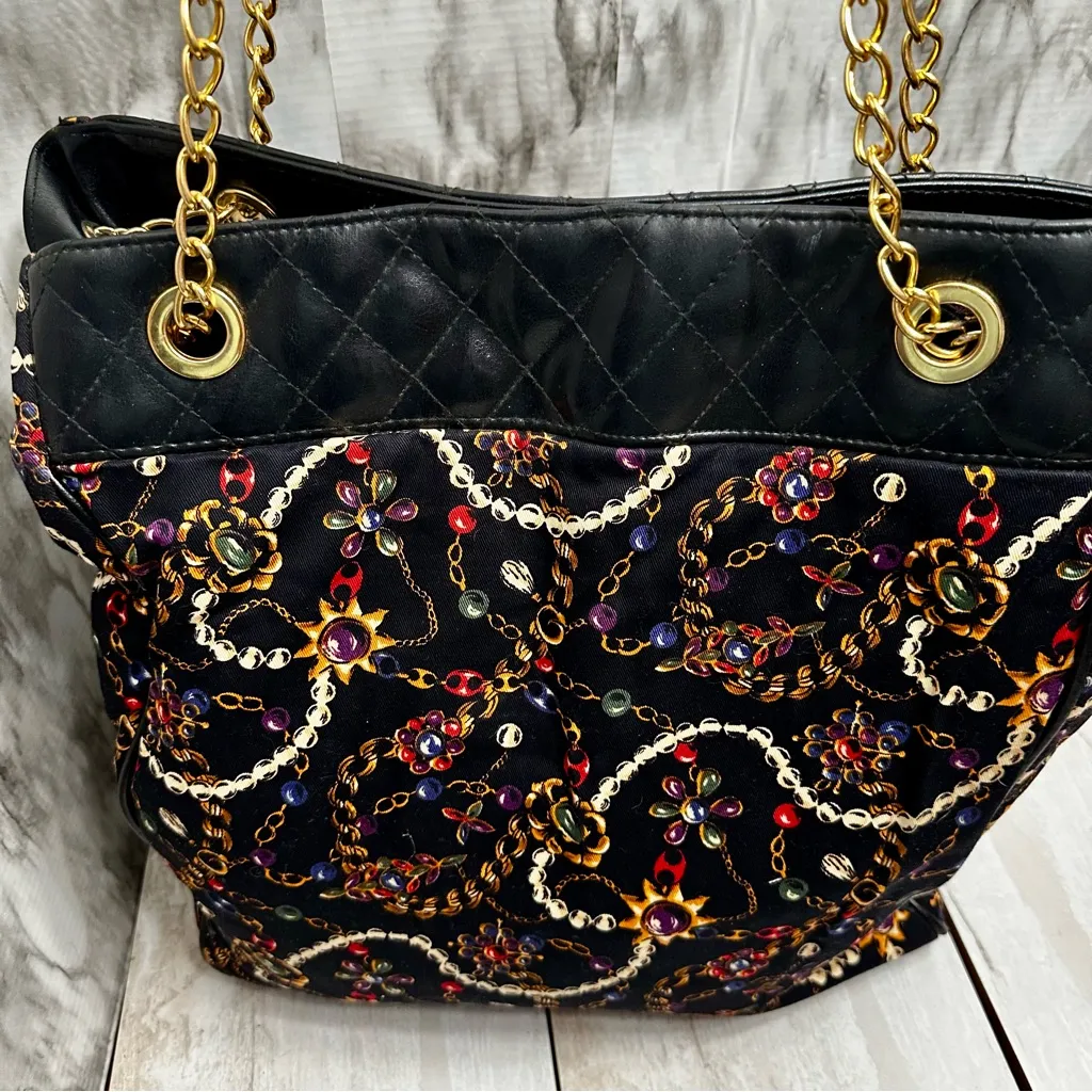 Monet Black Gold Chain Pattern Tote Bag Vintage 80s Jewelry Print Large Cloth - Image 6