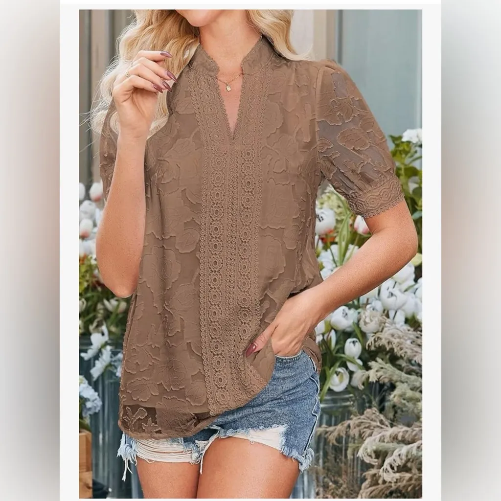NEW Lace Dressy Casual Short Sleeve V Neck Shirts Elegant Career Blouse S Tan - Image 5