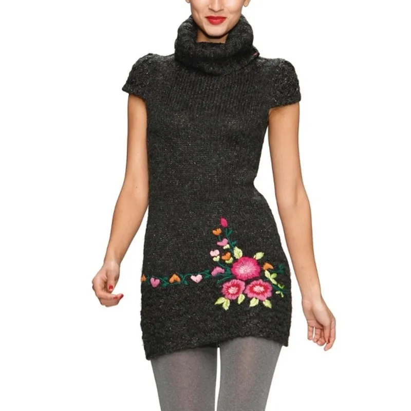 Desigual Womens Dress Sz XL Gray Embroidered‎ Flowers Carey Sweater Cap Sleeve - Image 2