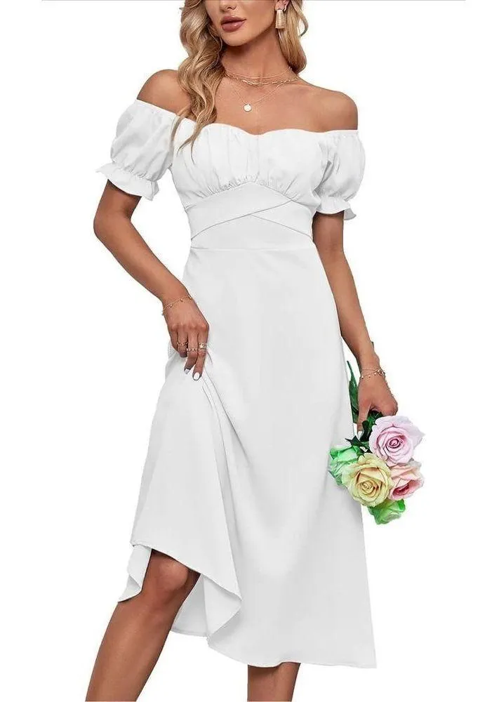 NEW Off Shoulder Ruffle Puff Sleeve Ruched Tie Back Dress XL White - Image 7
