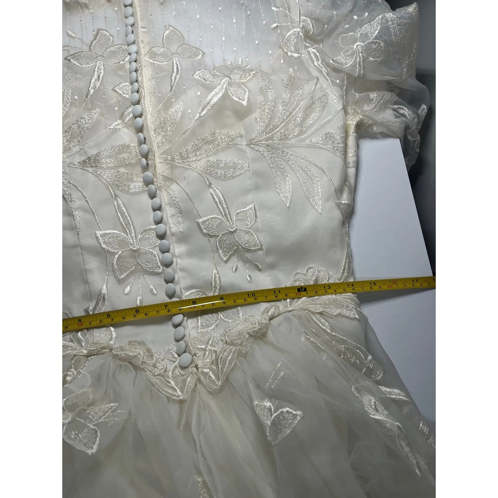 Vintage 80s Victorian Revival Wedding Dress Ivory High Neck Sheer Lace Illusion - Image 16
