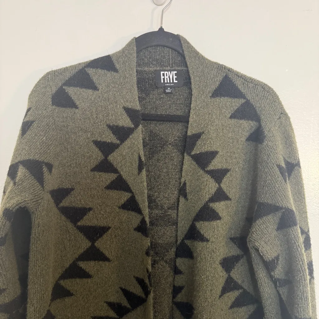 Frye Green and Black Geometric Cardigan Open Front Medium - Image 2