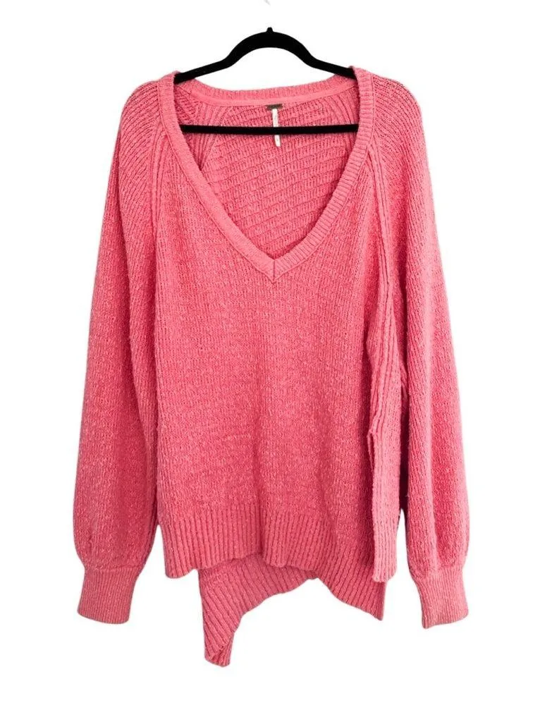 FREE PEOPLE West Coast Asymmetrical V Neck Pullover Knit Sweater Pink Sz S - Image 3
