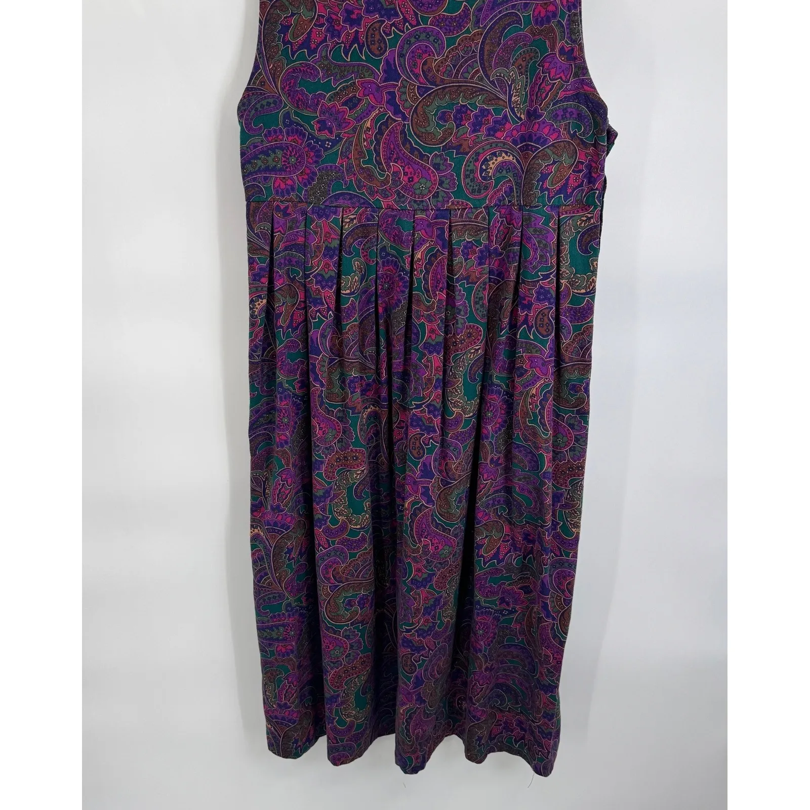 Vintage Pierre Cardin Paisley Button Side Pinafore Midi Dress Womens M Green - Image 8