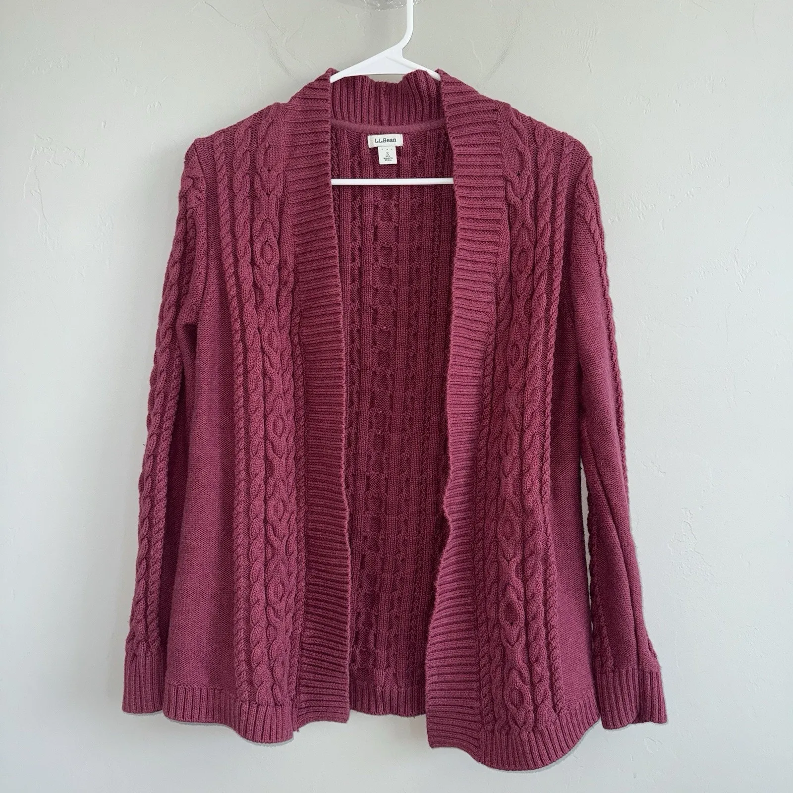 LL Bean Women's Open Front Cardigan Sweater Size S Maroon Chunky Cable Knit Red - Image 8