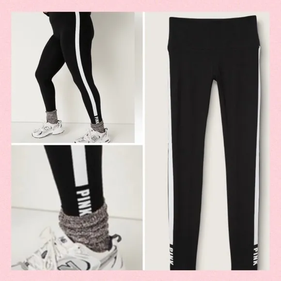 Victoria’s Secret PINK Black White Stripe Logo High Waist Cotton Legging, SMALL - Image 2
