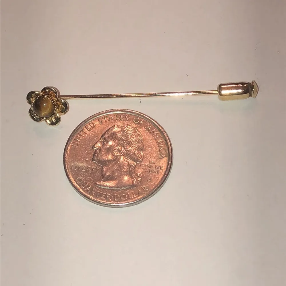 Gold Tone Vintage Tigers Eye Floral Stick Pin Brooch Hat Pin - Image 4