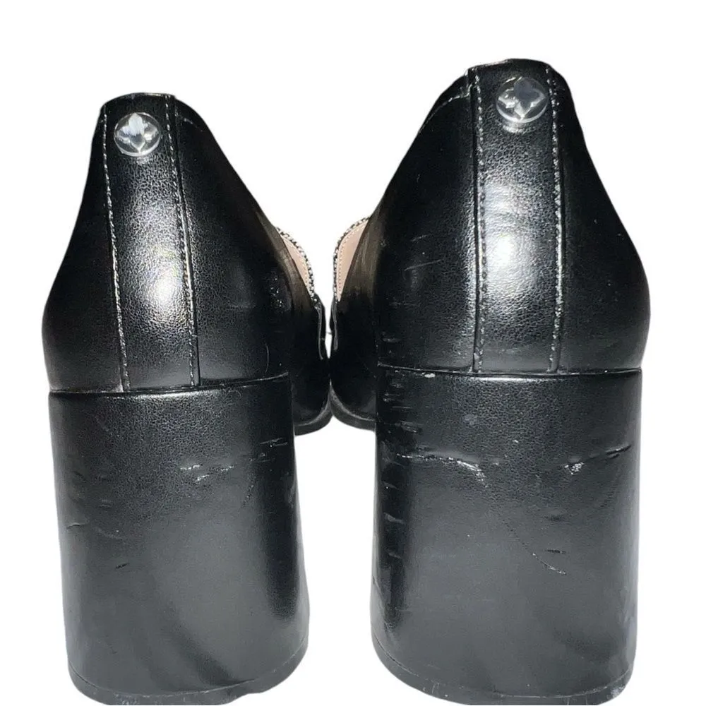 Kelly. & Katie cute black chunky heel slip ons , tweed on front w/ silver design - Image 7