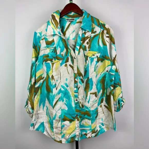 JM Collection Multicolor Watercolor 100% Linen Roll Tab 3/4 Sleeve Button Up Top - Image 1
