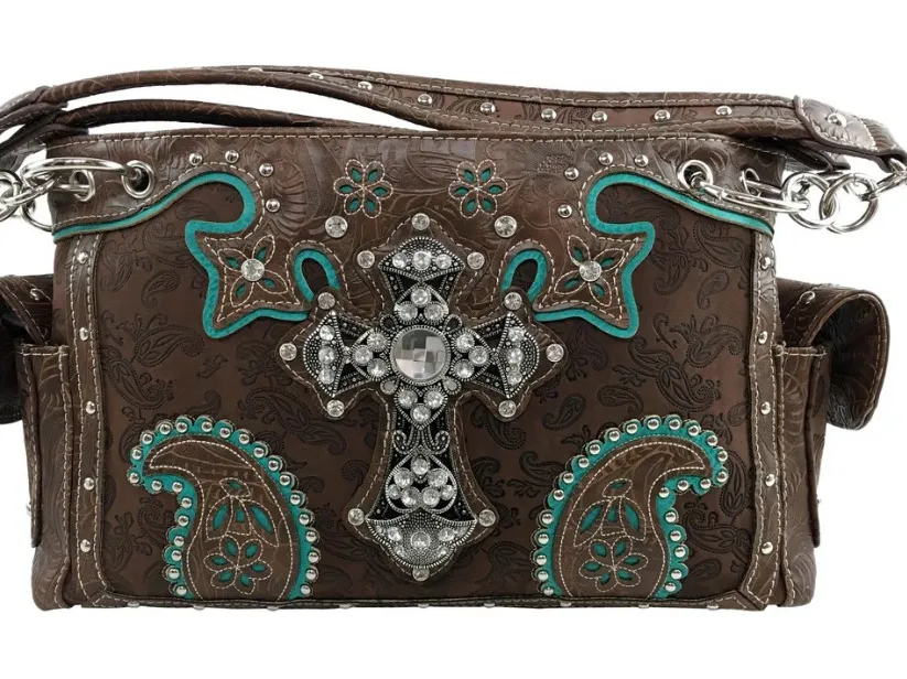 Cross Brown Turquoise Western Women's Handbag Purse - Image 1