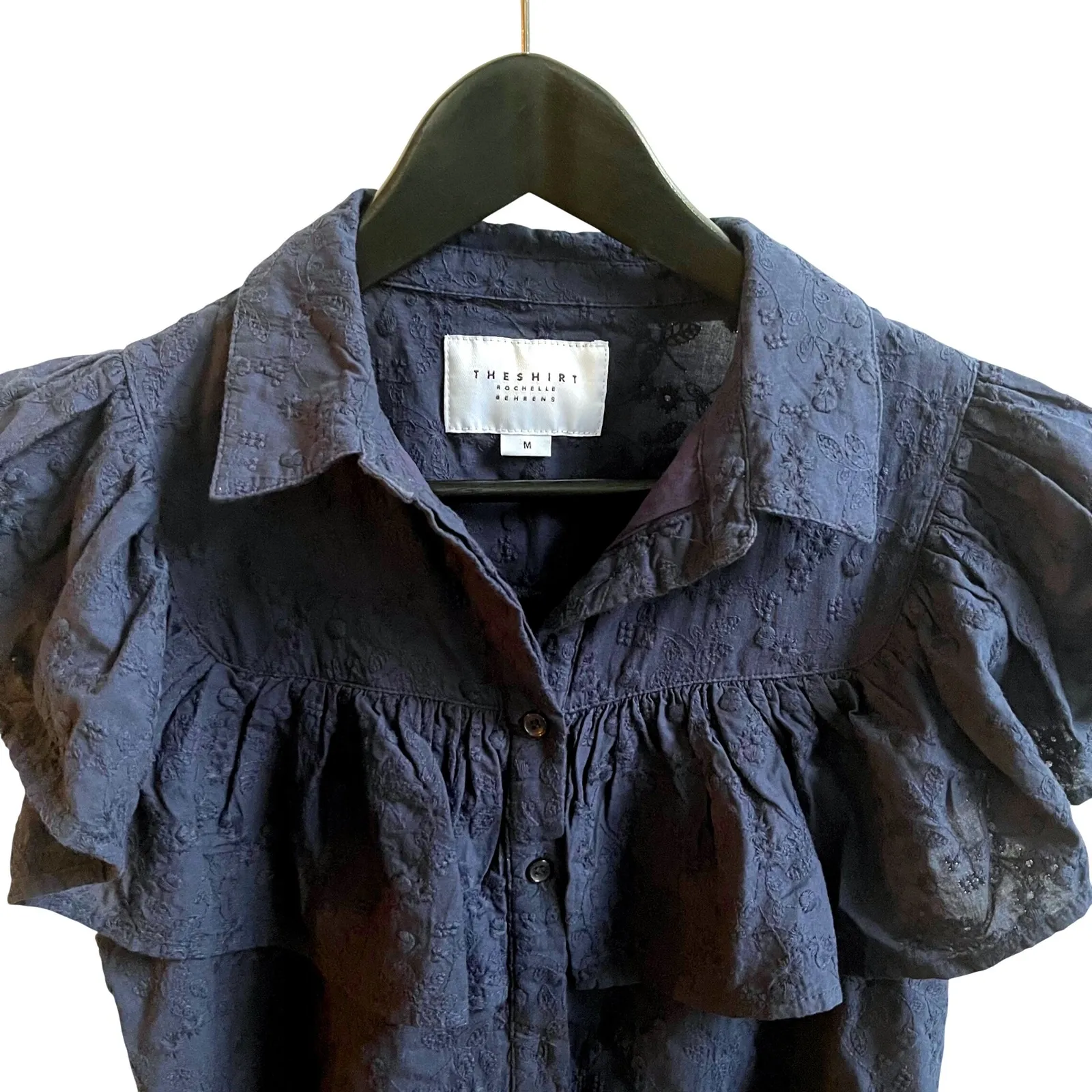 THE SHIRT ROCHELLE BEHRENS Navy Embroidered Button Up Shirt Ayla Dress Medium Black - Image 3