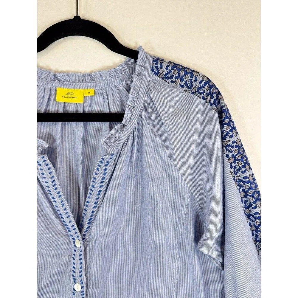 Roller Rabbit Womens Top Blue Striped V Neck Blouse Floral 3/4 Sleeve Medium - Image 7