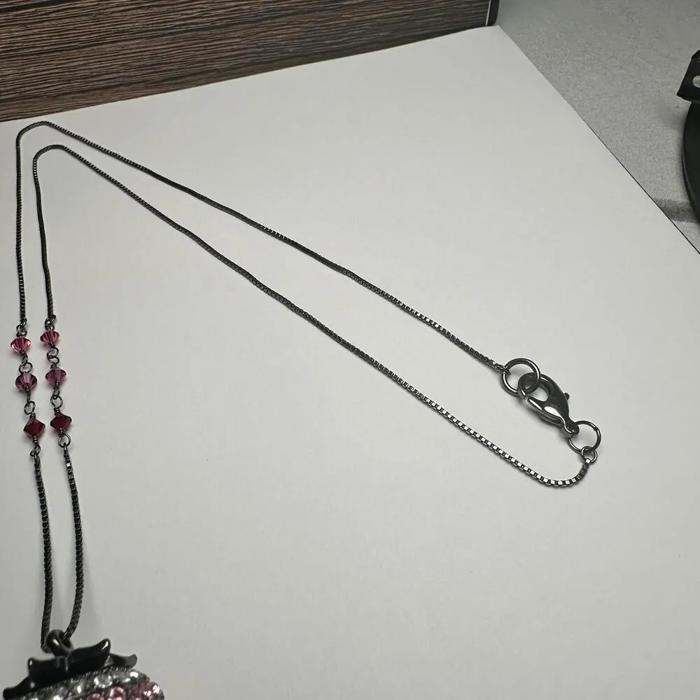 Rhinestone Strawberry Fruit Pendant Gunmetal Chain Necklace Red Pink Clear Green - Image 12