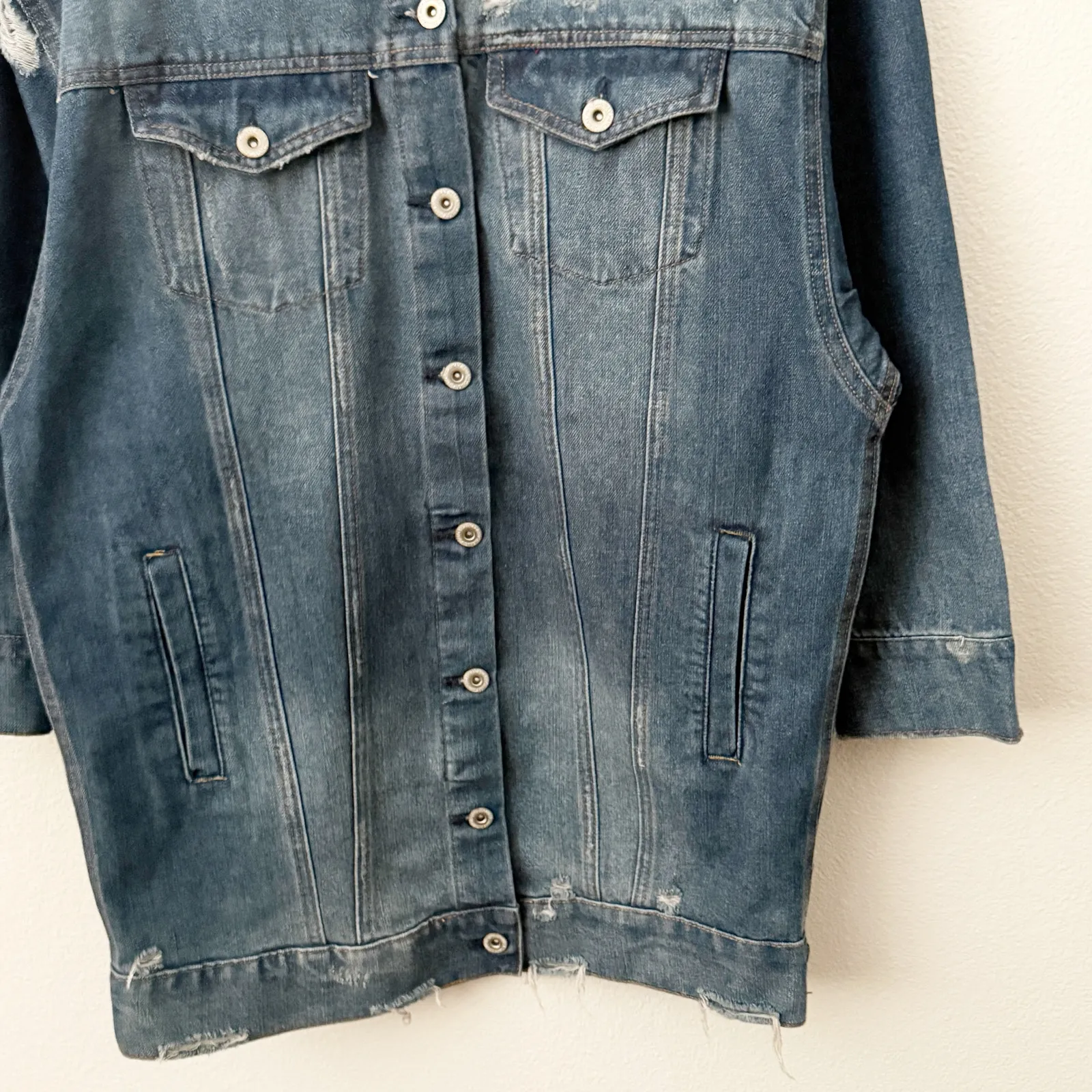 Highway Jeans  | Oversized Denim Jacket Jean Distressed Long Length Wash | Medium - Image 4