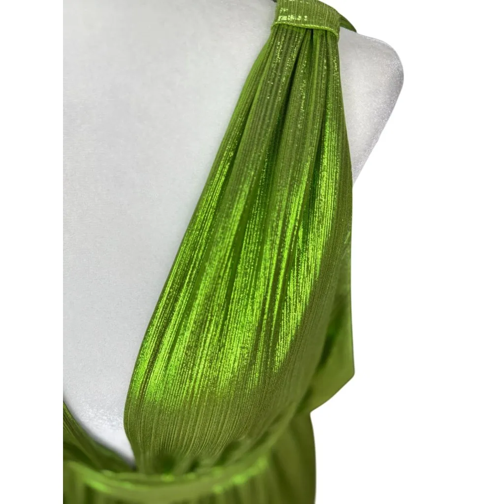 NEW Sincerely Jules Womens L Green Metallic Deep Neck Shiny Pleated Gown Stretch - Image 12