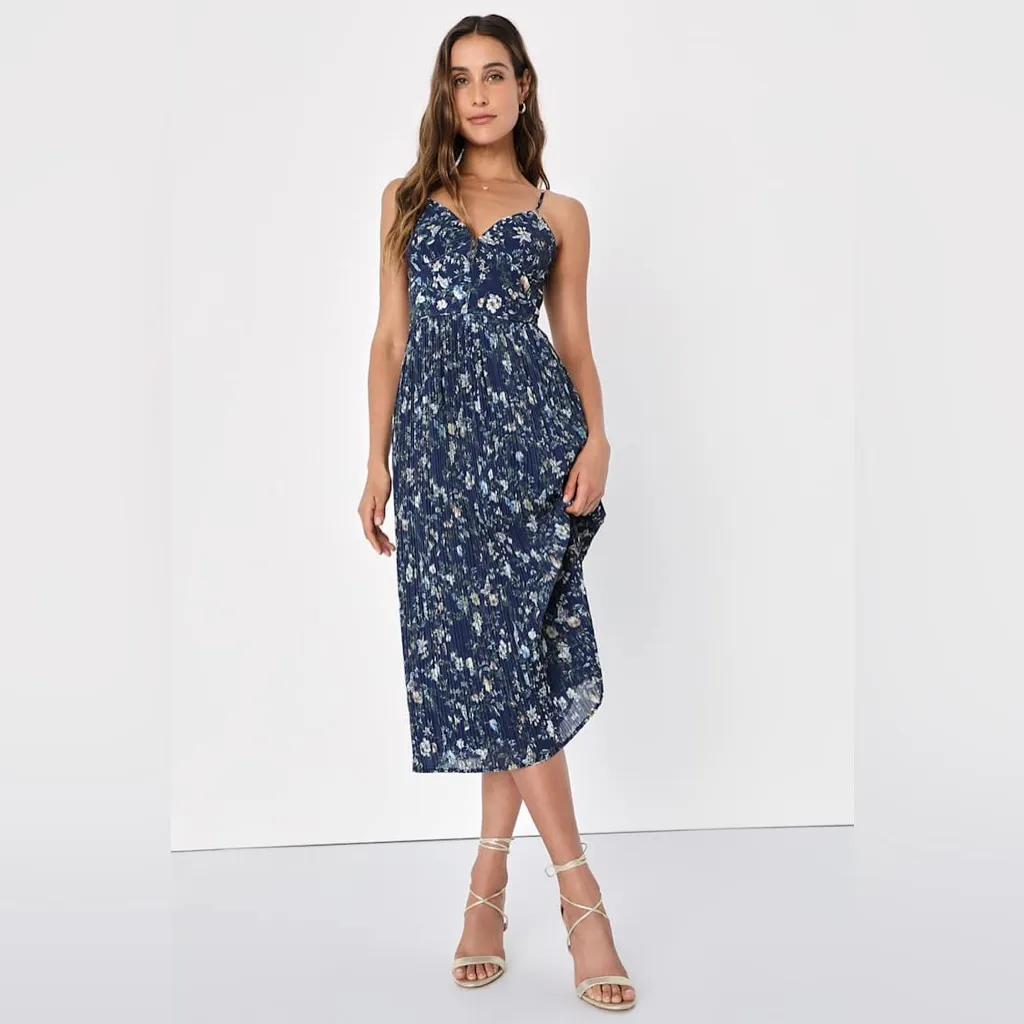 LULU’S Poise And Perfection Navy Floral Print Pleated Midi Dress - Image 5
