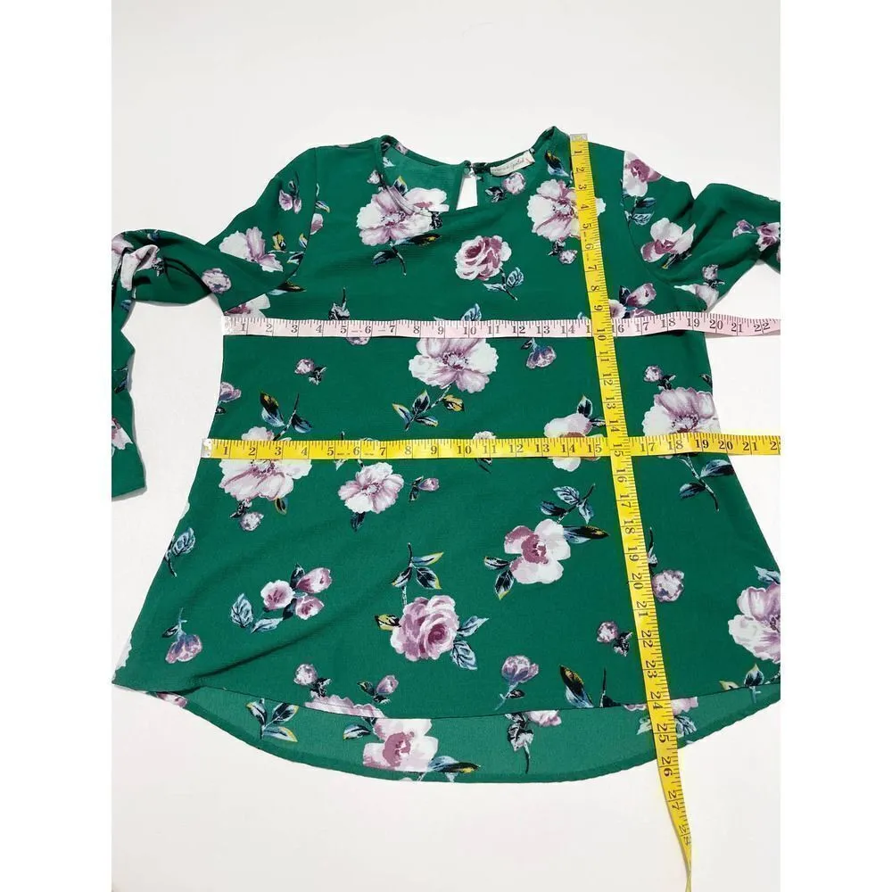 Live To Be Spoiled Floral Print Long Bell Sleeve Blouse Keyhole Back Green Large - Image 7